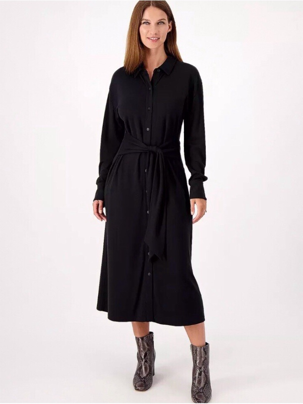 J Jason Wu Regular Draped Shirt Dress Button Front Tie Waist Black Medium